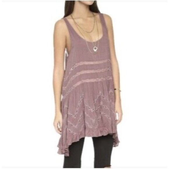 Free People Pink Voile & Lace Tiny Dot Mini Slip Dress | Boho Coquette Fairy S - Picture 12 of 16